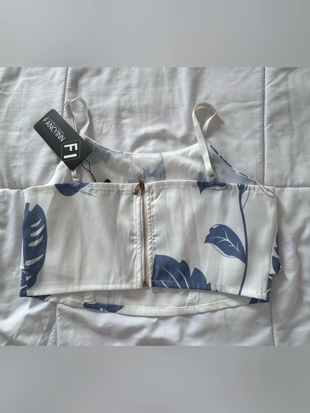 Fancyinn White Two-Piece - Straight Leg Pants Set with Blue Leaf Print